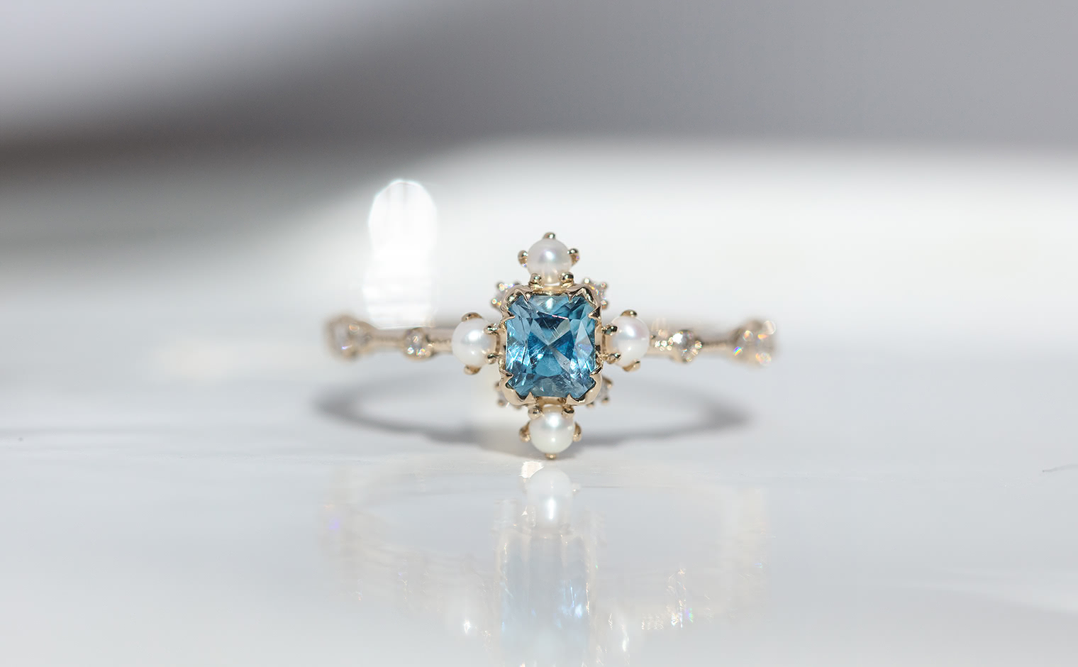 Snowflake Ring Supreme-Aquamarine & Pearl