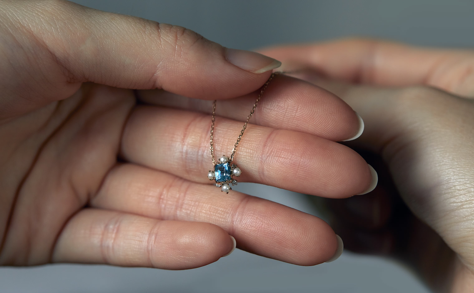 Snowflake Necklace-Aquamarine & Pearl